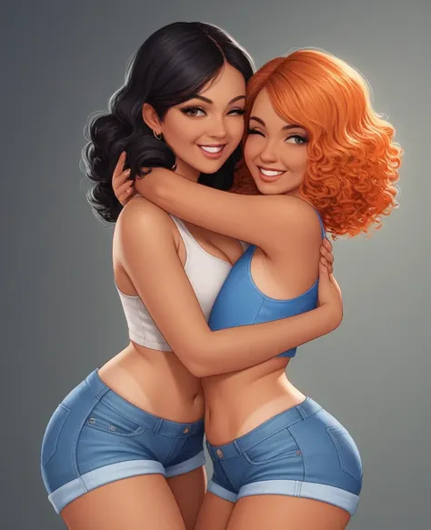 1girl, girl( flat chest tall tanned wearing a crop top and shorts with elbow length curly orange hair hugging a woman,girly youn...