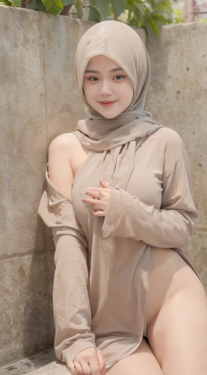 Masterpiece, high resolution, perfect face, 1 girl, indonesia girl, 17 yeras old, modern grey, hijab, proporsional body, medium breast, (naked), hairless vagina, bathroom, detailed skin, sweaty body, smile, look at camera, standing, mastrubation