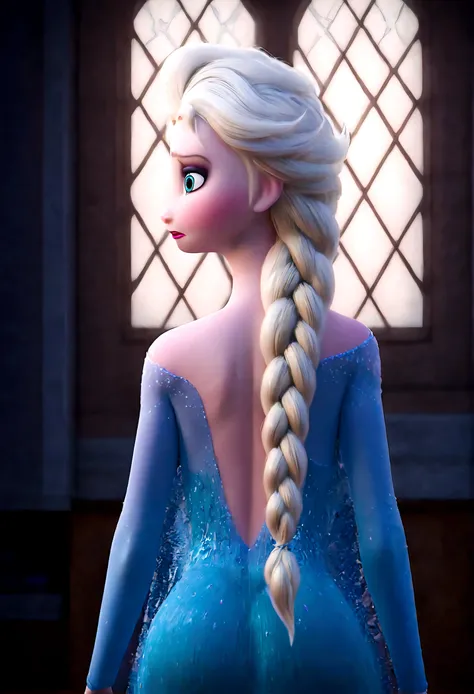 1girl, elsa (frozen), braid, (single braid), makeup, long hair, hair over shoulder, solo, (braid over shoulder:0.7), shy, (blush...