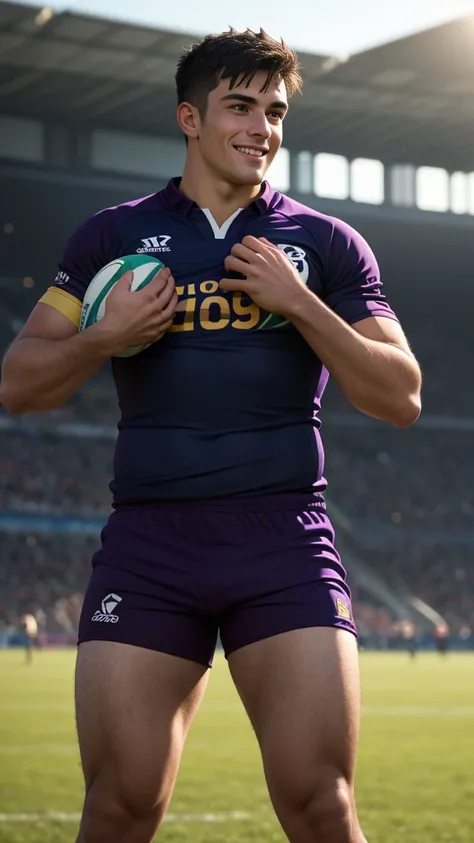 NickEh30 youtuber as rugby player ,Full body, sport tight pants,NickEh30 with rugby esportive purple dirty uniform, Black short hair fade , captivating large openned smile, shaved NickEh30 face, very happy, volumeric light, NickEh30 wearing team rugby unif...