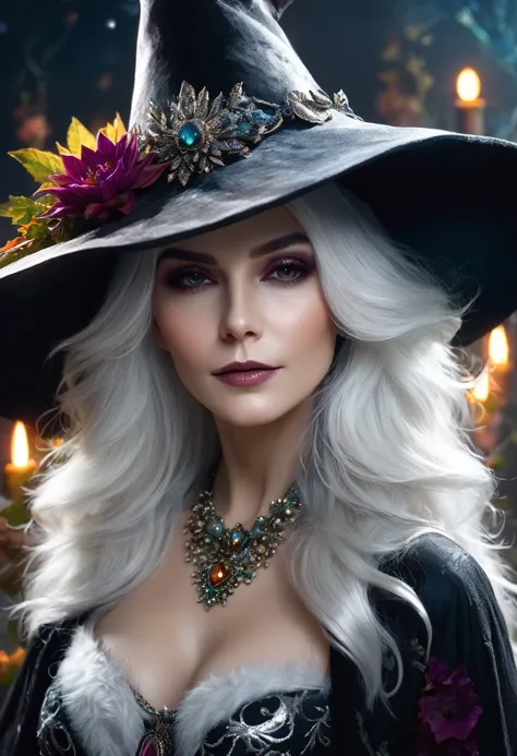 a beautiful woman white hair WITCH  WITH A hat and jewels and amazing flowers the Style-RustMagic, Aum, (atmosfera escura:1.2), (Mist & smoke), (noite escura:1.3), Cicatrizes, (shaggy medium length dark hair:1.1), (sombra:1.1), (brilho lindamente detalhado...