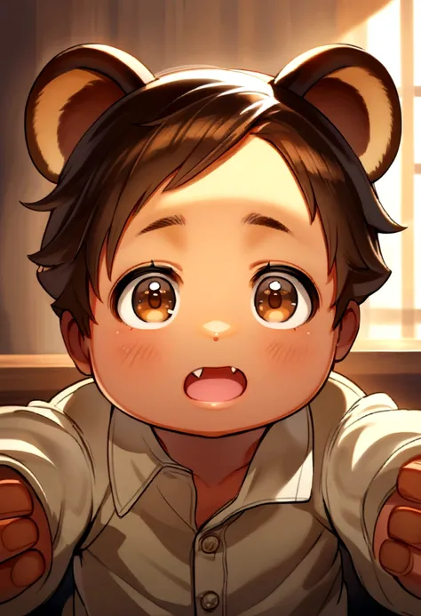 bust_portrait, boy, raccoon ears, brown hair, brown eyes, fang, tan skin, cute adorable, little boy, shota, toddler, cute, innocent