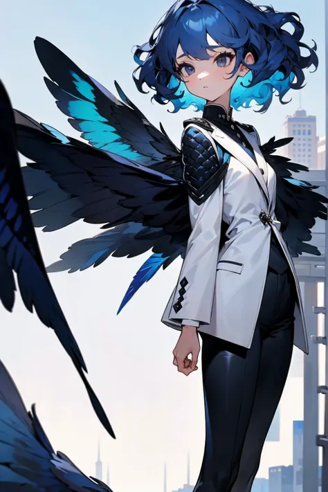 1female, blue hair, wavy hair, black eyes, blue feather wings, black puffer coat, white shirt, black pants, city background, detailed background, hands to side, standing on path