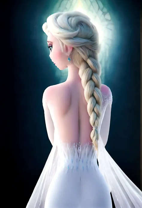 1girl, elsa \(frozen\) in the corridor of the library, (toplesss), (single braid), smooth hair, long earrings, elsa's white dres...