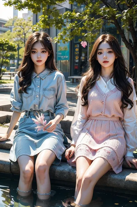 /i cute pretty beautiful gorgeous korean female college students, crystal tree with crystal leaves and crystal branches, colourf...