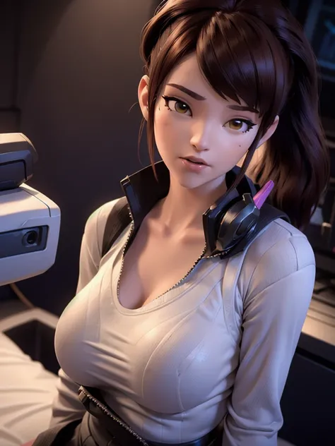 (DVA from Overwatch) without mech, a beautiful woman with short brown hair in a (ponytail), high quality refelctions, volumetric lighting, wearing a (plain white t-shirt), in her bedroom on her bed, 1 girl solo, cinematic lighting, high resolution, physica...