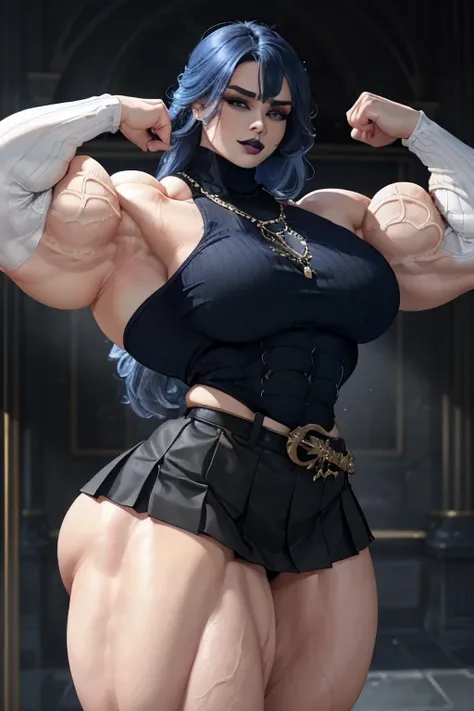 (((((Massive, beautiful, buff, pale white skinned muscular woman with royal blue hair, black lipstick, ginormous bulky muscles and wearing a beautiful black long-sleeved turtleneck sweater with black pleated skirt))))), (close view), (massive muscles), hyp...