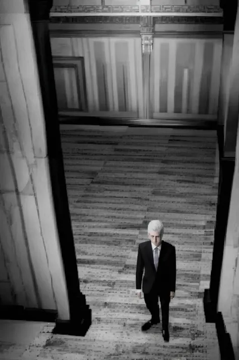 1man, alone, business suit, neat white hair cut, blurryface, blurred face, plain patterns, monochromatic, black and white, shade...