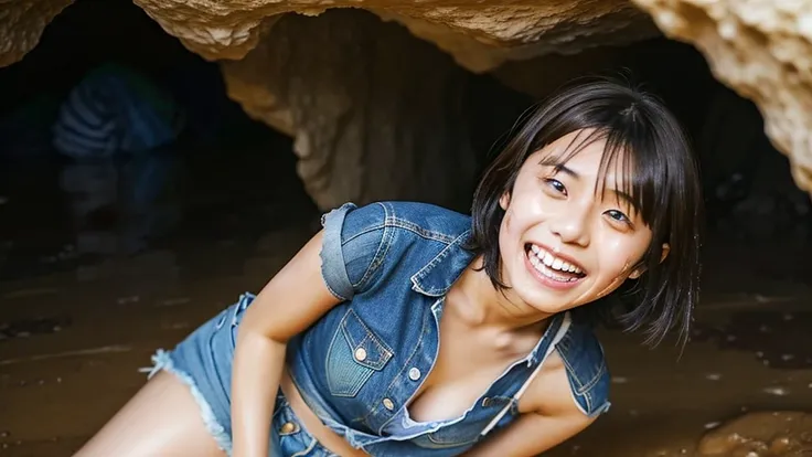 hina kikuchi, Sweaty,Wet big, Laughing with tongue out, smile, A female adventurer wearing brown denim shorts, 15-year-old girl, Inside the cave, Holding a dagger, Black Bob Hair