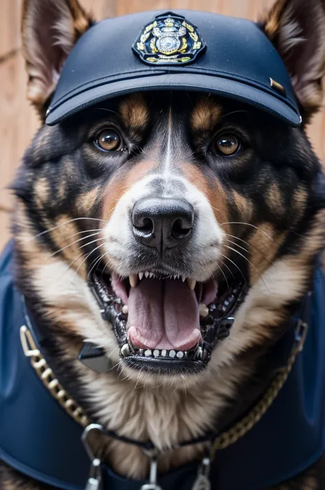 an anthropomorphic nuggu police dog dressed as a police officer growling slightly at a suspect, masterpiece, best, photo realist...