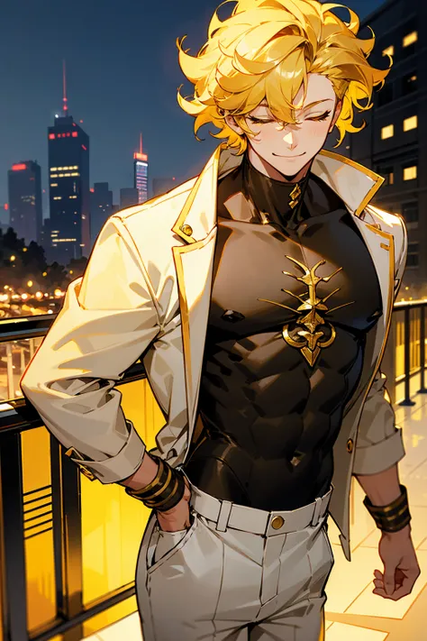 1male, curly hair, yellow hair, golden eyes, smiling, golden grills, closed eyes, white tanktop, golden lined jacket, white pants, city background, detailed background, hands to side, standing on path