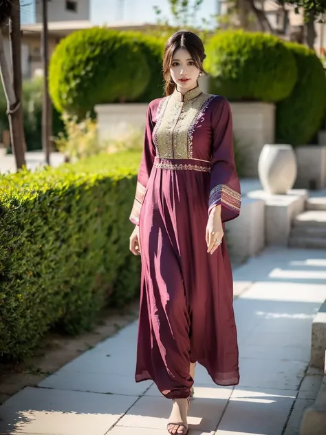 (((HD photo))), ultra high res.photorealistic:. 1.4, UHD a woman in a beautiful garden, wearing a traditional shalwar kameez dress, standing in karachi