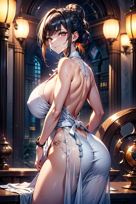 (A masterpiece of image quality in 8K),(Beautiful Allafed Woman),(((emphasizing breasts:1.3))),(Dynamic angles),(Dynamic and sexy bending pose:1.3),(sit a chair:1.3),(Short hair in shiny silver and orange inner colors,large full breasts,Disturbance of clot...