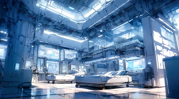 anime style, high-tech laboratory, surgery bed in the middle, futuristic place incorporates organic fluidity、glass cabinets on the wall, dreamlike white desert, warm tones, indoor lighting, no windows, and use artistic imagination to render houses and land...