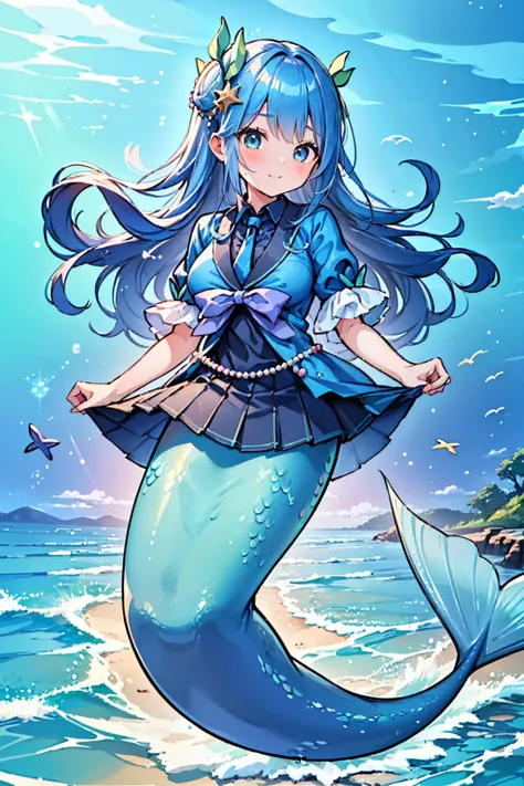 (masterpiece, best quality),A woman,(perfect five fingers,Four fingers and a thumb in optimal proportions),Large Breasts,Mermaid,Blue shirt,Blue skirt,藍色的Mermaid尾巴,full-body shot,seabed,Underwater,swim in the sea,charming脸(Kawaii, charming,Soft)