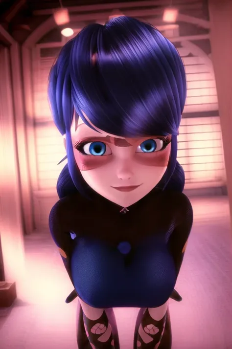 (8k, RAW photo, best quality, masterpiece:1.2), (intricate details), perfect eyes, perfect face, perfect lighting, beautiful, (masterpiece:1.2), (best quality:1.2), 1girl, solo, Marinette, blue hair, ((long flowing hair)), adult torso, 19 years old, slight...