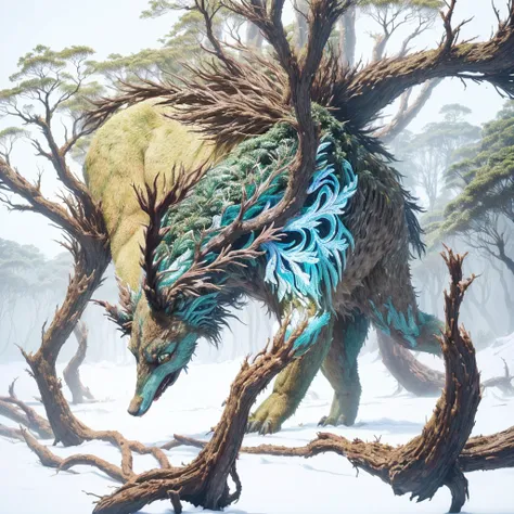 A closeup of a monster with a big head and a huge body, (((no meio de uma densa floresta de pinheiros))), arte oficial altamente detalhada, fenrir, detalhe imenso, por Ryan Yee, arte completa, in an epic and intricate oroboros, giant ethereal creature, art...