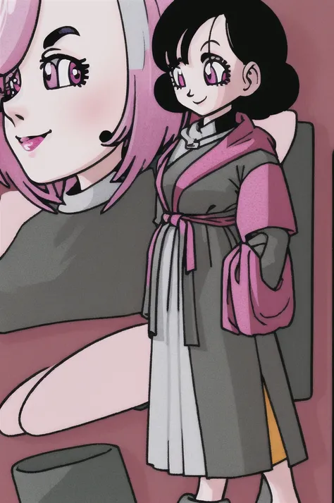 akira toriyama style,1girl, mature lady, ((solo:1.4)), modern clothes, long black hair, pink eyes, anime coloring, innocent smile, ((masterpiece)) 