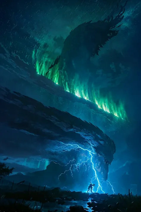 An epic battle scene with the hero fighting the dragon in a dark and stormy environment. The hero, with short, dark hair and a determined expression, wields his sword valiantly. His blue tunic and cape billow in the fierce wind as lightning crackles across...