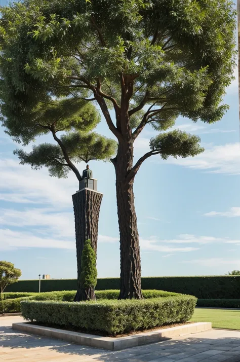 Create a beautiful green pruned tree with the Twin Towers figure