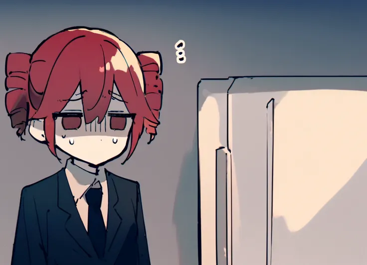 Red hair、Black Suit、Open the empty refrigerator at home、Sad expression