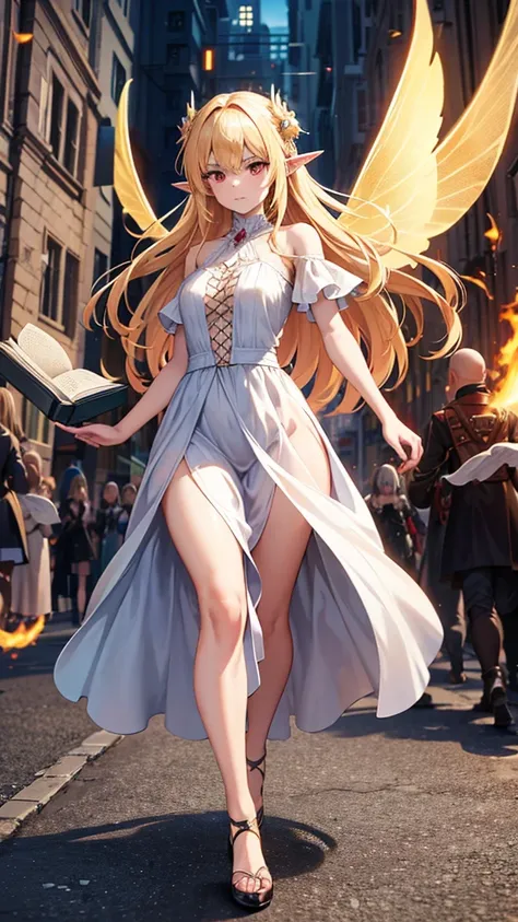 Fairy girl with wings and a book in hand, Classic Long Dress, Fairy Wings, Red eyes and Blonde Hair, Golden Hair, Serious face, detailed hands, Magic, arcane powers, RPG Character, pointy ears, look serious, casting a spell, casting a fire spell, walking a...