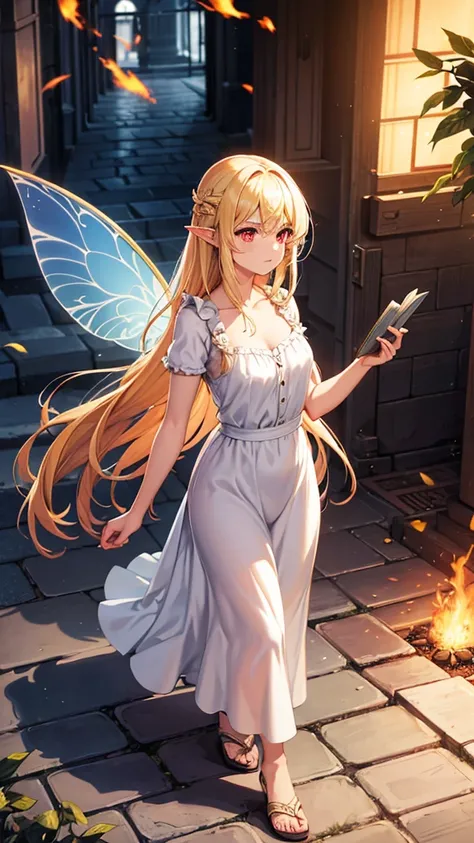 Fairy girl with wings and a book in hand, Classic Long Dress, Fairy Wings, Red eyes and Blonde Hair, Golden Hair, Serious face, detailed hands, Magic, arcane powers, RPG Character, pointy ears, look serious, casting a spell, casting a fire spell, walking a...