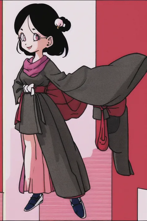 akira toriyama style,1girl, mature lady, ((solo:1.4)), modern clothes, long black hair, pink eyes, anime coloring, innocent smile, ((masterpiece)) 