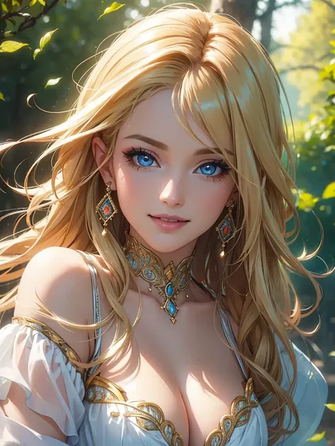 (Best quality,ultra detailed,Photorealistic:1.37),bright and rich colors,studio lighting,Playful expression,stylish makeup,Long blonde hair fluttering in the wind,inviting eyes,Glossy lips,sexy pose, Romantic era, red, I smile confidently and seductively,p...