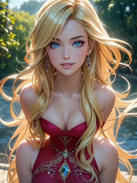 (Best quality,ultra detailed,Photorealistic:1.37),bright and rich colors,studio lighting,Playful expression,stylish makeup,Long blonde hair fluttering in the wind,inviting eyes,Glossy lips,sexy pose, Romantic era, red, I smile confidently and seductively,p...