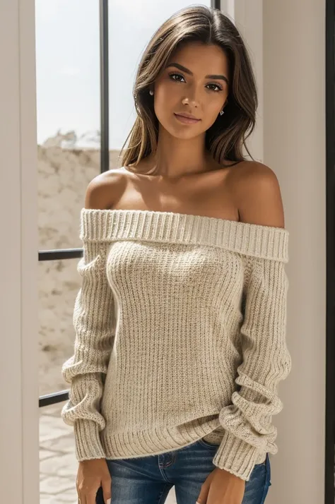 ((mejor calidad)), ((obra maestra)), (detallado), 1 chica, off shoulder sweater, 