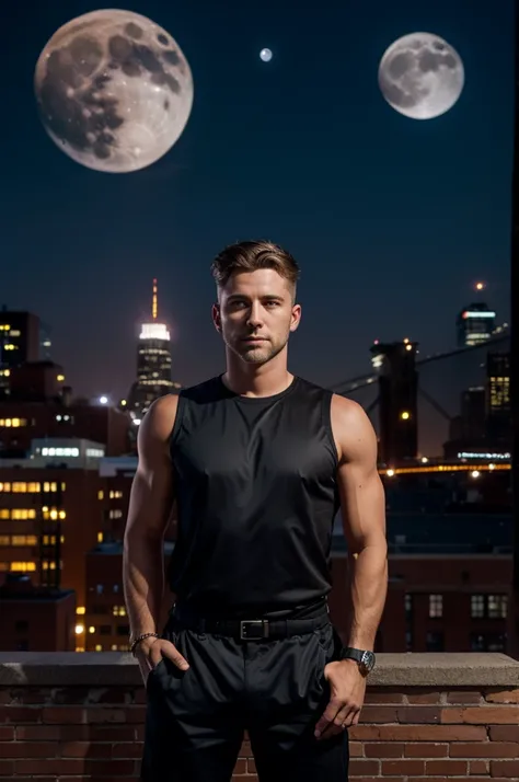 Brooklyn standing on a rooftop with the moon rising behind him, masterpiece, best, photo realistic