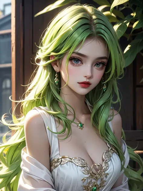 Beautiful woman in gorgeous clothes，Greasy and shiny green lipid hair，（Upper Body）Features