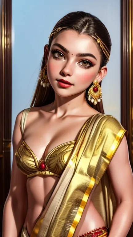 Anya Taylor-joy as a gorgeous Indian Empress wearing ((Kasavu Saree)); white and gold saree; deep cleavage; ((ultra glossy dark red lips)); ((Traditional Indian Makeup)); ultrarealistic ultra white skin, ultrarealistic face; ultrarealistic body; ((ultrarea...