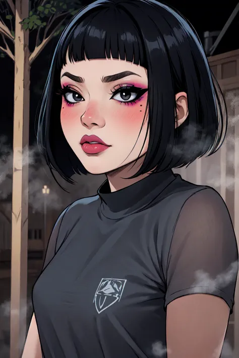 1girl, FengMin, solo, skinny, black eyes, asian eyes, eyeliner, looking at viewer, lips, black bob cut, blunt bangs, blush, standing, upper body, face focus, outdoors, horror (theme), night, fog egirlmakeup