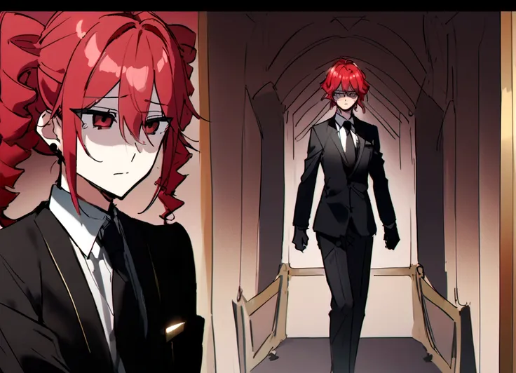 Red hair、Black Suit、apologize