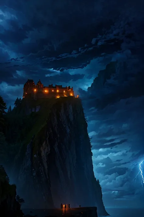 A dark and ominous castle on a rocky cliff, surrounded by stormy skies and lightning. The hero stands at the base of the cliff, looking up at the daunting fortress. The atmosphere is filled with danger and foreboding.