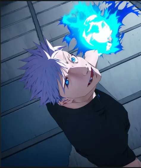 anime character with blue hair and a black shirt holding a blue ball, jujutsu kaisen, an epic anime of a energy man, blue fire powers, joker as naruto, trigger anime artstyle, joker looks like naruto, anime cgi style, advanced digital anime art ”, killua z...