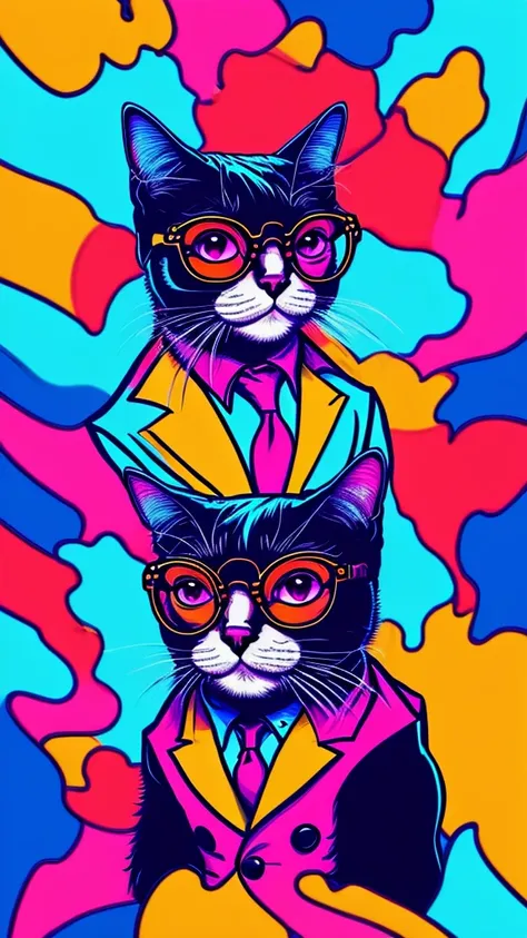 [ avatar style art][pink background]A colorful portrait of a cat with glasses and a suit jacket, cartoon style, splashes of color*, cartoon portrait,, caricature illustration, ultra-detailed,cartoon!! !, inspired by art Bored Ape Yacht Club, hippie, cartoo...