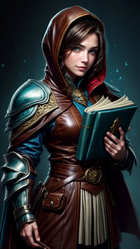 speed painting of portrait of a fantasy female brunette human adventurer, with a blue hood, in leather armour, in a temple, d&d ...