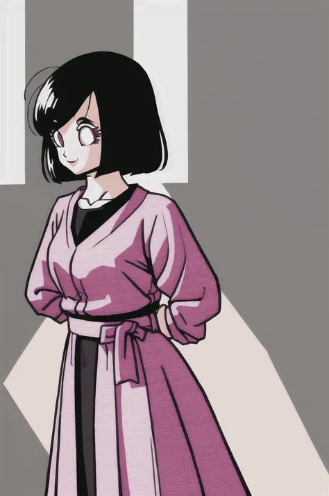 akira toriyama style,1girl, mature lady, ((solo:1.4)), modern clothes, long black hair, pink eyes, anime coloring, innocent smile, ((masterpiece)) 