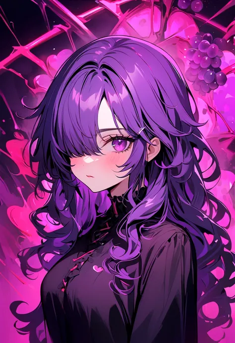 master piece, high quality, cute, ❤️🖤💗💔🤕❤️‍🩹, 4K, 8K, kawaii.sharp lines, bold highlights, camila, long hair, purple hair, hair over one eye, purple eyes, wavy hair、Grape Gummy