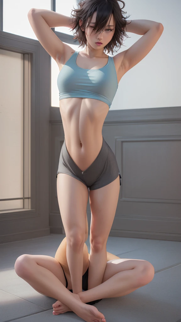 (ultra realistic, highly detailed:1.4), best quality, masterpiece
girl, tall asian woman, androgynous, gray tank top and panties, sitting in lotus position, barefoot, bedhead, hands behind head, flat chest, ((longtorso, ltso):1.4), tall