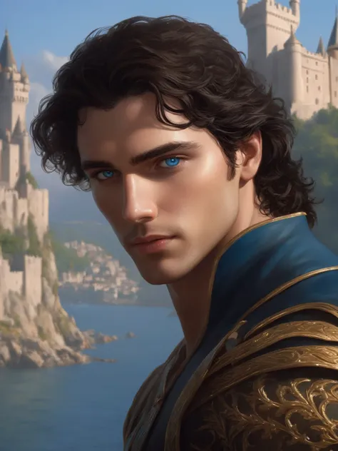 ((best quality),(masterpiece),(detailed),perfect face,a man with wavy black hair and blue eyes, castle behind,beautiful,(cinematic),(dramatic lighting),(digital painting),(photorealistic),(ultra-realistic),(hyper detailed),(epic),(fantasy),(cinematic compo...