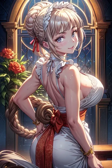 (A masterpiece of image quality in 8K),(Beautiful Allafed Woman),(((emphasizing breasts:1.3))),(Dynamic angles),(Dynamic and sexy bending pose:1.3),(sit a chair:1.3),(Short hair in shiny silver and orange inner colors,large full breasts,Disturbance of clot...