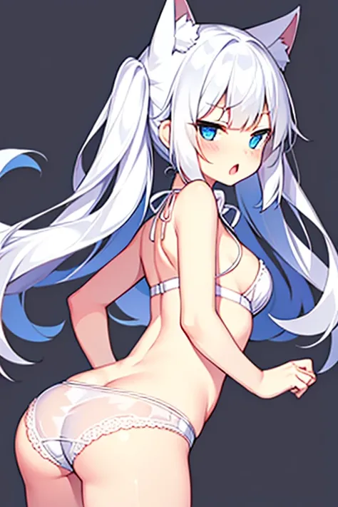 The butt is facing the picture，Wear only delicate white lace panties，full bodyesbian，White animal ears，Solo，Exposing the buttocks and groin，Cat lady,open mouth,cute pose, cowboy shot,BREAK, slender, kawaii, perfect symmetrical face, ultra cute girl, ultra ...