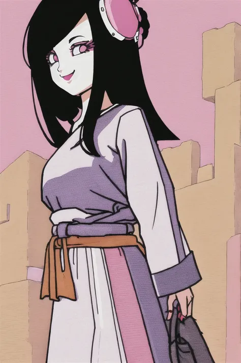 akira toriyama style,1girl, mature lady, ((solo:1.4)), modern clothes, long black hair, pink eyes, anime coloring, innocent smile, ((masterpiece)) 