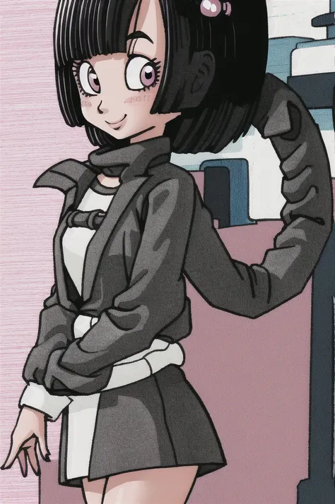 akira toriyama style,1girl, mature lady, ((solo:1.4)), modern clothes, long black hair, pink eyes, anime coloring, innocent smile, ((masterpiece)) 