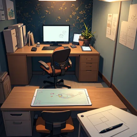 gentle, anime background art, clean lines, intricate details, serene, empty, high quality, raytracing video game, large room, neat, organized, clean, bare, empty, multiple traditional drawing tablets on desk, view from window, office chair, calm, cozy, vin...