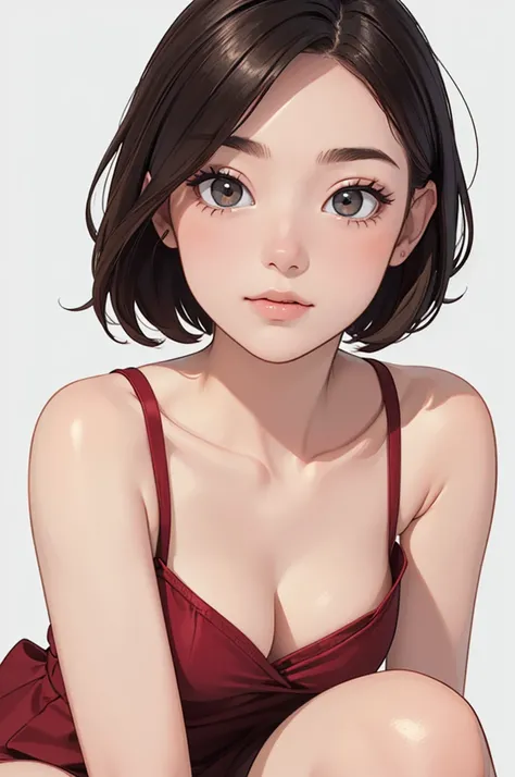 (((masterpiece, best quality, ultra highres, 1 girl, solo, no background))), super detailed skin and face and eyes and finger, beautiful japanese woman, small breasts:1.5, skinny, light brown hair, white background, very short hair, (an illustration of gir...